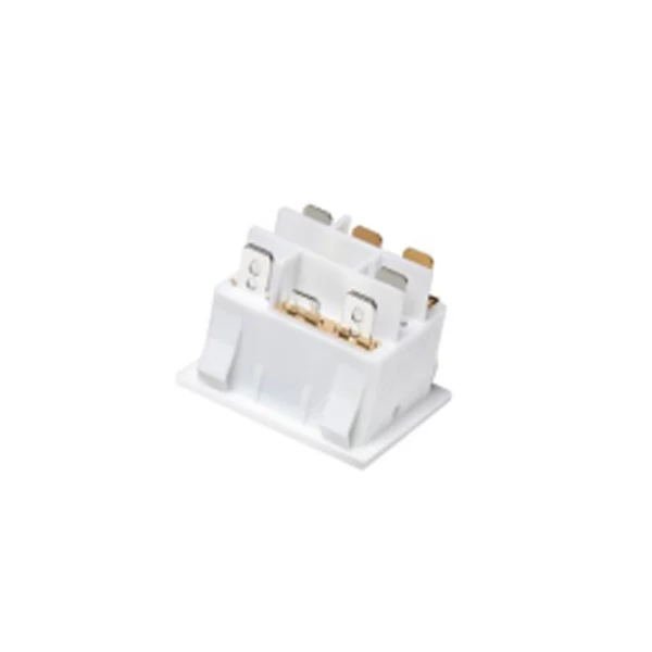 Rear view of a white 3PST triple rocker switch showing the terminal side