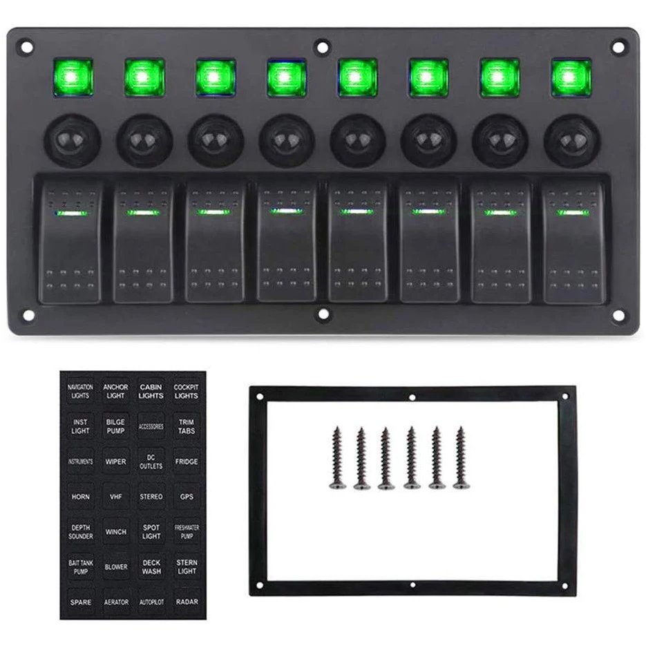 12V boat rocker switch panel with green LED backlighting, rocker switches, labels, frame, and mounting screws